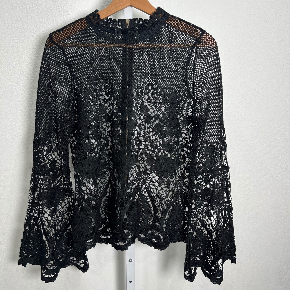 Crochet Grunge Lace Top Black Floral Sheer Bell Sleeve M Dark Fairy Whimsigoth